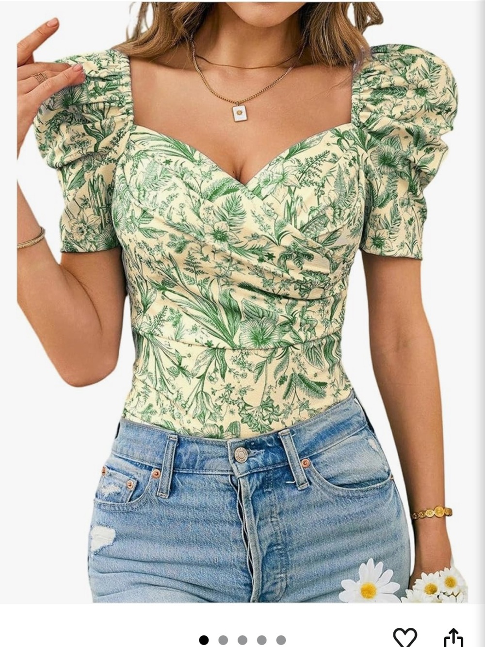 Floral Square-Neck Puff Sleeve Blouse - Green on Cream